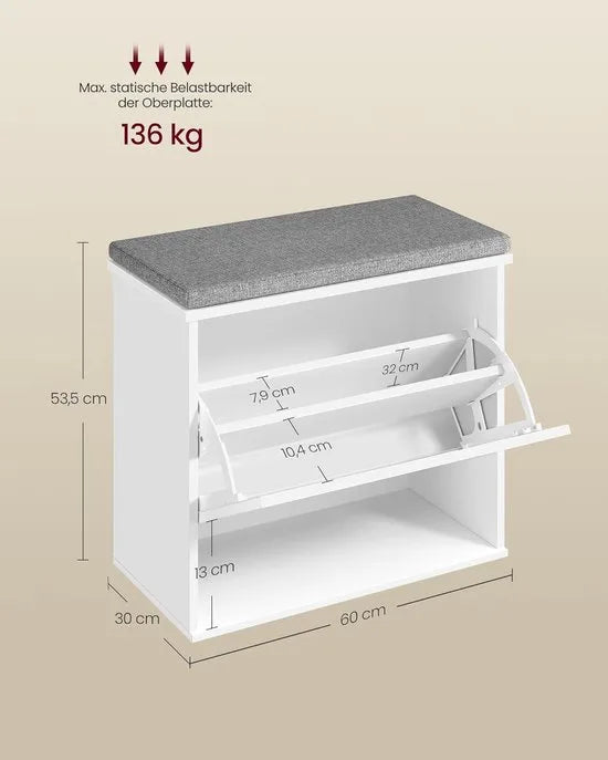 Furnstar Schoenenbank met Zitkussen – Zitbank met 3 Niveaus – Schoenenkast voor 6 Paar Schoenen – Klapvak met Verstelbare Scheidingswand – 30 x 60 x 53,5 cm – Wolkenwit & Duifgrijs