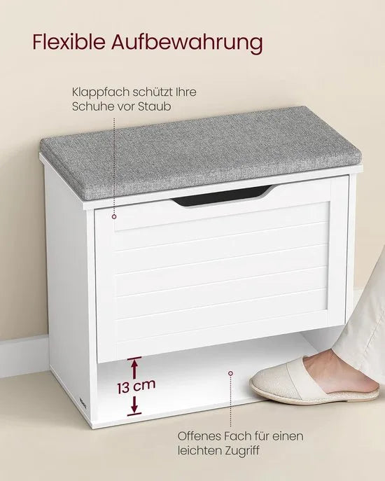 Furnstar Schoenenbank met Zitkussen – Zitbank met 3 Niveaus – Schoenenkast voor 6 Paar Schoenen – Klapvak met Verstelbare Scheidingswand – 30 x 60 x 53,5 cm – Wolkenwit & Duifgrijs