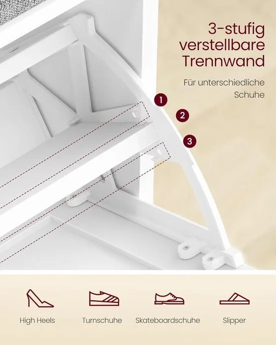Furnstar Schoenenbank met Zitkussen – Zitbank met 3 Niveaus – Schoenenkast voor 6 Paar Schoenen – Klapvak met Verstelbare Scheidingswand – 30 x 60 x 53,5 cm – Wolkenwit & Duifgrijs