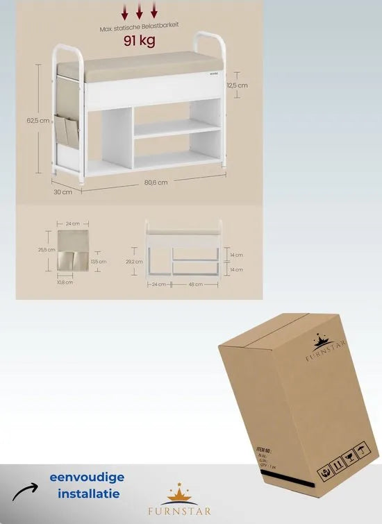 FurnStar - Schoenenbank met zitvlak - Schoenenrek - Zitbank met opbergruimte onder het deksel - PU-organizer - Handgrepen - Voor hal - Woonkamer -Slaapkamer - Wolkenwit + Cappuccinobeige