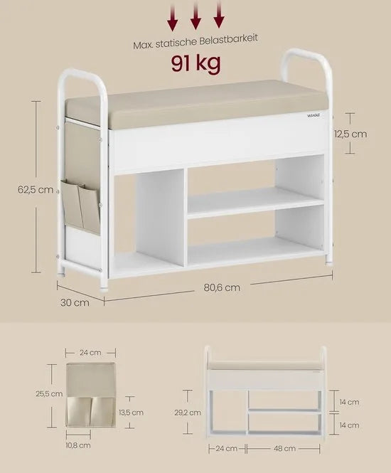 FurnStar - Schoenenbank met zitvlak - Schoenenrek - Zitbank met opbergruimte onder het deksel - PU-organizer - Handgrepen - Voor hal - Woonkamer -Slaapkamer - Wolkenwit + Cappuccinobeige