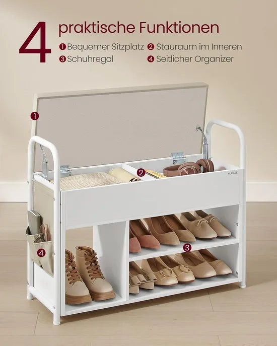 FurnStar - Schoenenbank met zitvlak - Schoenenrek - Zitbank met opbergruimte onder het deksel - PU-organizer - Handgrepen - Voor hal - Woonkamer -Slaapkamer - Wolkenwit + Cappuccinobeige