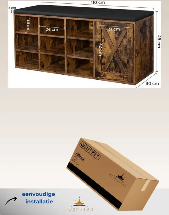 FurnStar schoenenbank - Opbergbank - 110x30x48cm - Bruin