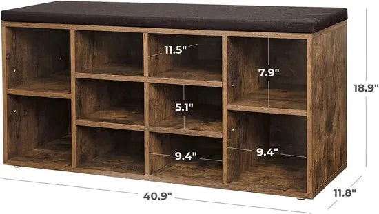 Furnstar Schoenenbank – Opbergbank met Gevoerde Zitting – Entreebank met 10 Vakken – 30 x 104 x 48 cm – Rustiek Bruin & Kastanjebruin
