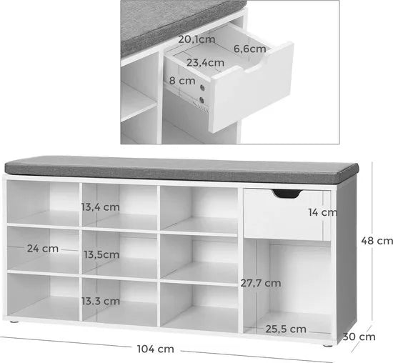FurnStar - Schoenenbank - Schoenenrek met lade en open vakken - Bank - Gestoffeerde zitting -Gang - Slaapkamer en entree - 104 x 30 x 48 cm - Wit