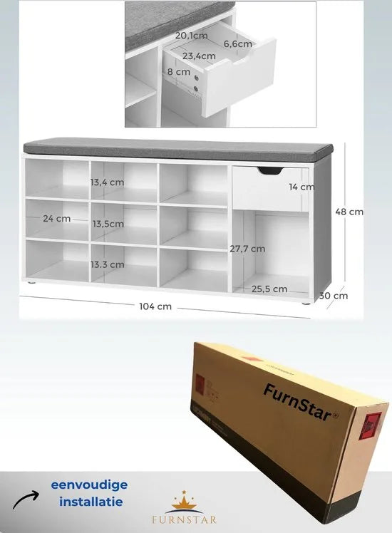FurnStar - Schoenenbank - Schoenenrek met lade en open vakken - Bank - Gestoffeerde zitting -Gang - Slaapkamer en entree - 104 x 30 x 48 cm - Wit