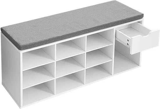 FurnStar - Schoenenbank - Schoenenrek met lade en open vakken - Bank - Gestoffeerde zitting -Gang - Slaapkamer en entree - 104 x 30 x 48 cm - Wit