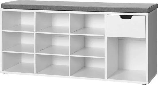 FurnStar - Schoenenbank - Schoenenrek met lade en open vakken - Bank - Gestoffeerde zitting -Gang - Slaapkamer en entree - 104 x 30 x 48 cm - Wit