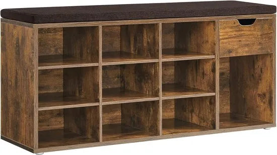 Furnstar Schoenenbank – Schoenenrek met Lade & Open Vakken – Zitbank met Gevoerde Zitting – 30 x 104 x 48 cm – Voor Hal, Slaapkamer & Entree – Vintage Bruin