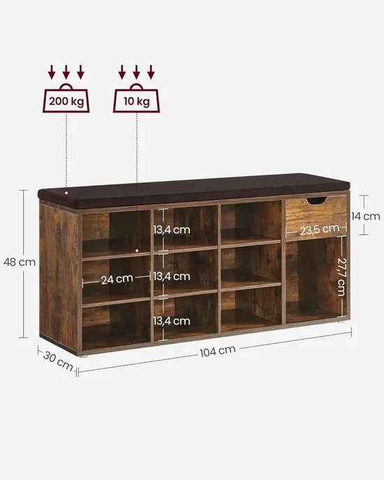 Furnstar Schoenenbank – Schoenenrek met Lade & Open Vakken – Zitbank met Gevoerde Zitting – 30 x 104 x 48 cm – Voor Hal, Slaapkamer & Entree – Vintage Bruin