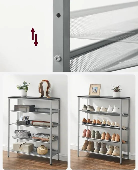 FurnStar - Schoenenbank - Schoenenrek Metaal - Schoenenrek Zwart - 5 niveaus - Zwart - Zilver