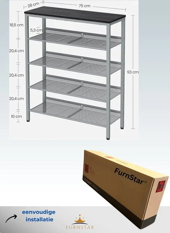 FurnStar - Schoenenbank - Schoenenrek Metaal - Schoenenrek Zwart - 5 niveaus - Zwart - Zilver