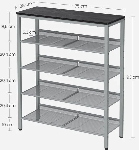 FurnStar - Schoenenbank - Schoenenrek Metaal - Schoenenrek Zwart - 5 niveaus - Zwart - Zilver