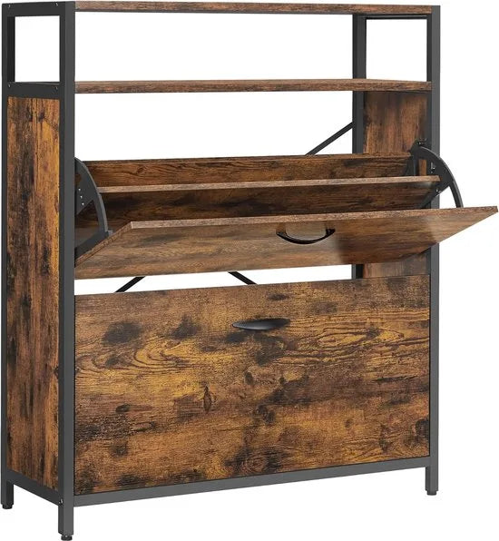 FurnStar - Schoenenbank - Schoenenrek - Schoenenrek Metaal Hout - Schoenenrek Zwart - 30D x 80B x 95H centimeter - Vintage Bruin Zwart