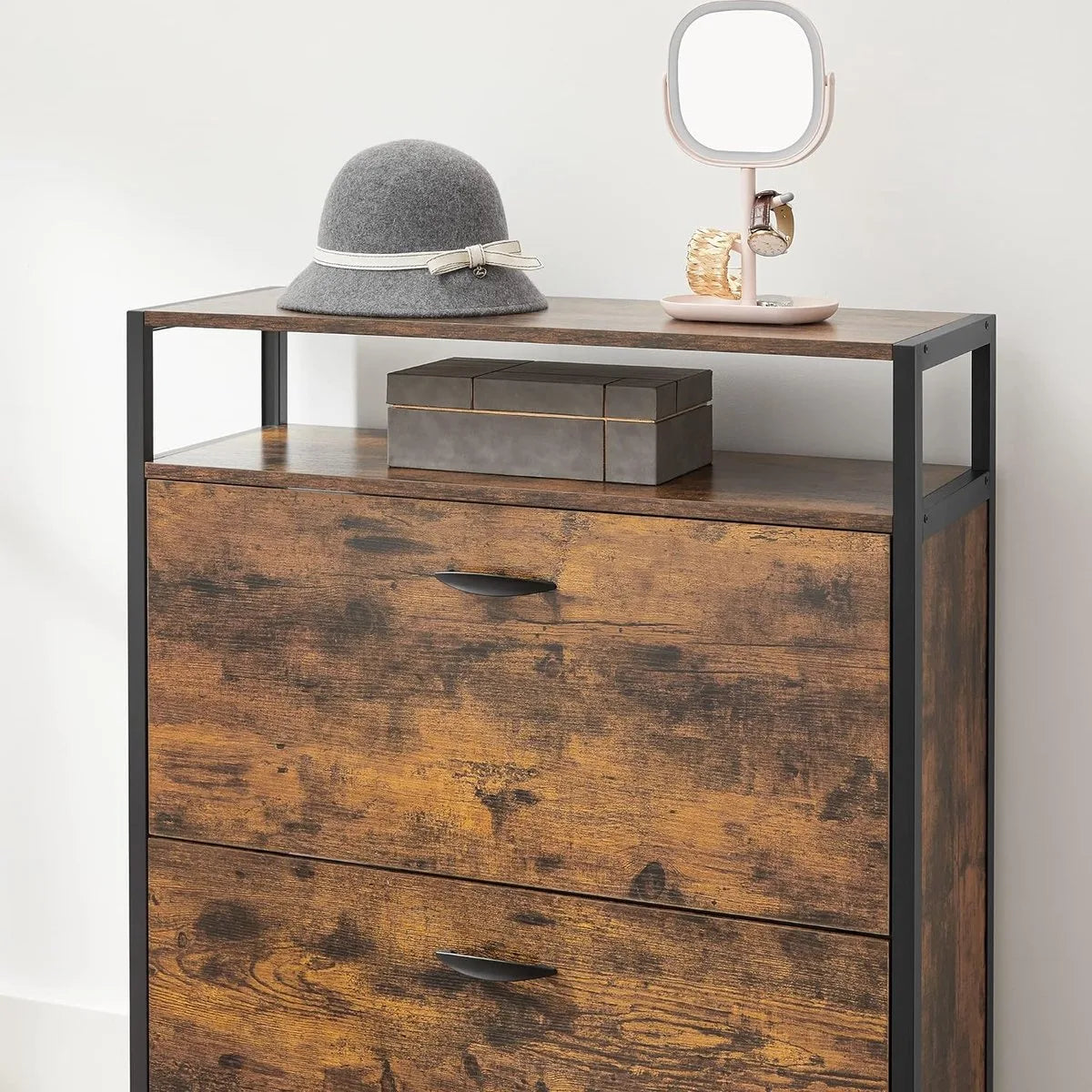 FurnStar - Schoenenbank - Schoenenrek - Schoenenrek Metaal Hout - Schoenenrek Zwart - 30D x 80B x 95H centimeter - Vintage Bruin Zwart