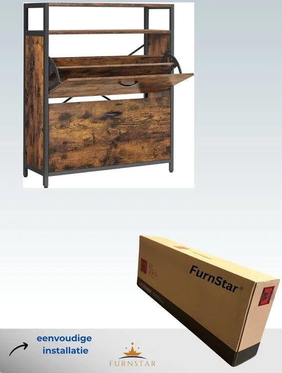 FurnStar - Schoenenbank - Schoenenrek - Schoenenrek Metaal Hout - Schoenenrek Zwart - 30D x 80B x 95H centimeter - Vintage Bruin Zwart
