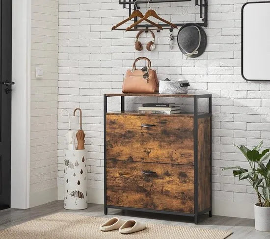 FurnStar - Schoenenbank - Schoenenrek - Schoenenrek Metaal Hout - Schoenenrek Zwart - 30D x 80B x 95H centimeter - Vintage Bruin Zwart
