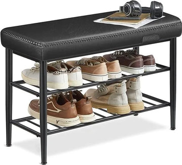 FurnStar Schoenenbank – Zitbank – Entreebank met Opbergruimte – Kunstleer met Stiksels – Jaren ’60 Moderne Stijl – Tot 135 kg – 30 x 80 x 50 cm – Inktzwart