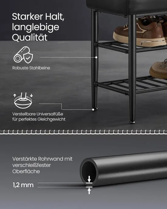 FurnStar Schoenenbank – Zitbank – Entreebank met Opbergruimte – Kunstleer met Stiksels – Jaren ’60 Moderne Stijl – Tot 135 kg – 30 x 80 x 50 cm – Inktzwart