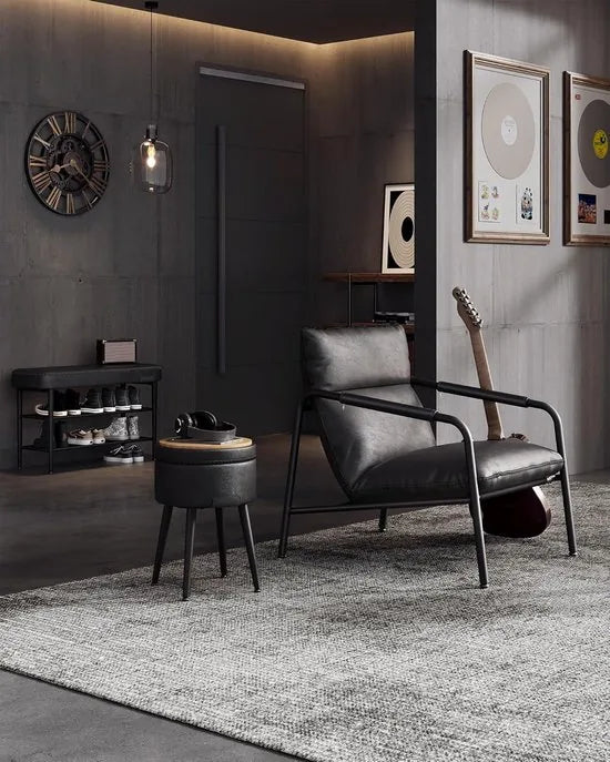 FurnStar Schoenenbank – Zitbank – Entreebank met Opbergruimte – Kunstleer met Stiksels – Jaren ’60 Moderne Stijl – Tot 135 kg – 30 x 80 x 50 cm – Inktzwart