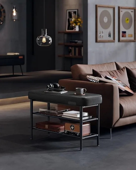 FurnStar Schoenenbank – Zitbank – Entreebank met Opbergruimte – Kunstleer met Stiksels – Jaren ’60 Moderne Stijl – Tot 135 kg – 30 x 80 x 50 cm – Inktzwart