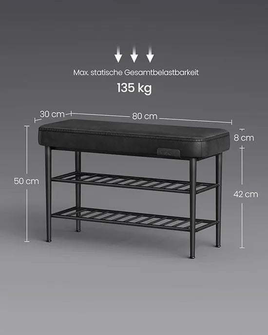 FurnStar Schoenenbank – Zitbank – Entreebank met Opbergruimte – Kunstleer met Stiksels – Jaren ’60 Moderne Stijl – Tot 135 kg – 30 x 80 x 50 cm – Inktzwart