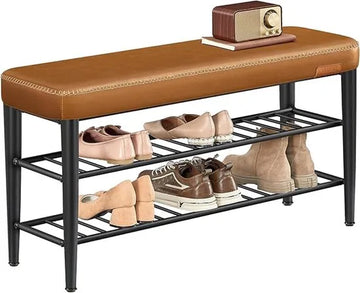 FurnStar Schoenenbank – Zitkist en Zitbank – Entreebank met Opbergruimte – Kunstleer met Stiksels – Jaren ’60 Moderne Stijl – Tot 135 kg – 30 x 100 x 50 cm – Bruin
