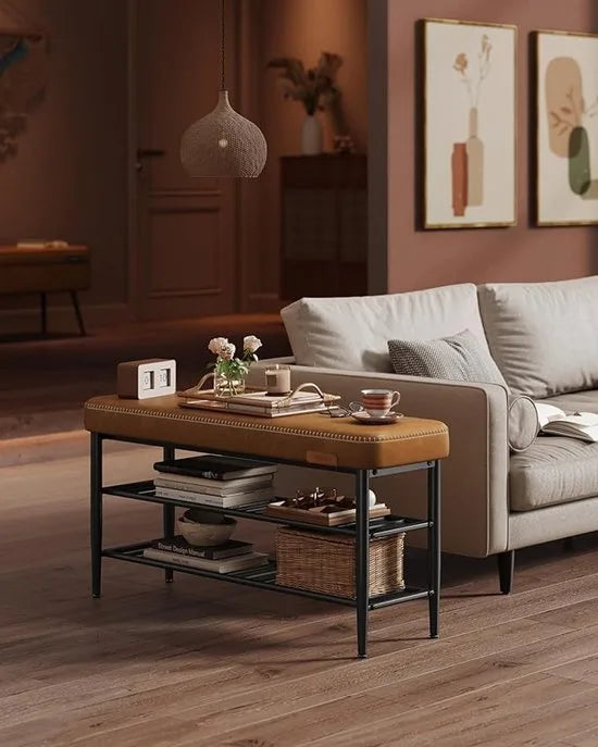 FurnStar Schoenenbank – Zitkist en Zitbank – Entreebank met Opbergruimte – Kunstleer met Stiksels – Jaren ’60 Moderne Stijl – Tot 135 kg – 30 x 100 x 50 cm – Bruin