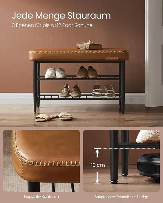 FurnStar Schoenenbank – Zitkist en Zitbank – Entreebank met Opbergruimte – Kunstleer met Stiksels – Jaren ’60 Moderne Stijl – Tot 135 kg – 30 x 80 x 50 cm – Bruin