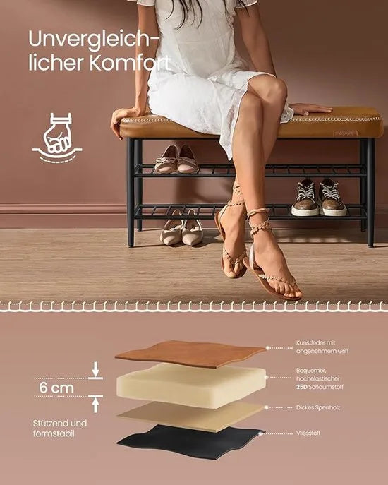 FurnStar Schoenenbank – Zitkist en Zitbank – Entreebank met Opbergruimte – Kunstleer met Stiksels – Jaren ’60 Moderne Stijl – Tot 135 kg – 30 x 100 x 50 cm – Bruin