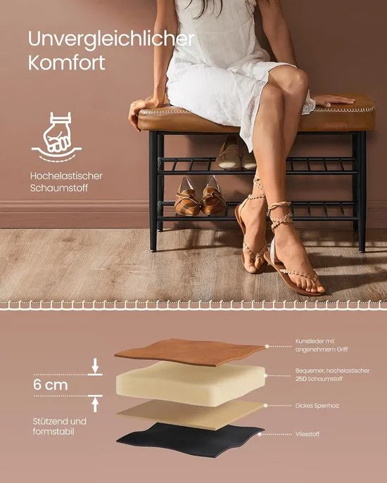 FurnStar Schoenenbank – Zitkist en Zitbank – Entreebank met Opbergruimte – Kunstleer met Stiksels – Jaren ’60 Moderne Stijl – Tot 135 kg – 30 x 80 x 50 cm – Bruin