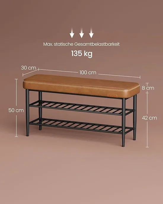 FurnStar Schoenenbank – Zitkist en Zitbank – Entreebank met Opbergruimte – Kunstleer met Stiksels – Jaren ’60 Moderne Stijl – Tot 135 kg – 30 x 100 x 50 cm – Bruin