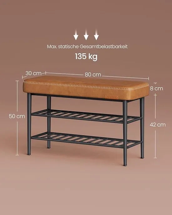 FurnStar Schoenenbank – Zitkist en Zitbank – Entreebank met Opbergruimte – Kunstleer met Stiksels – Jaren ’60 Moderne Stijl – Tot 135 kg – 30 x 80 x 50 cm – Bruin