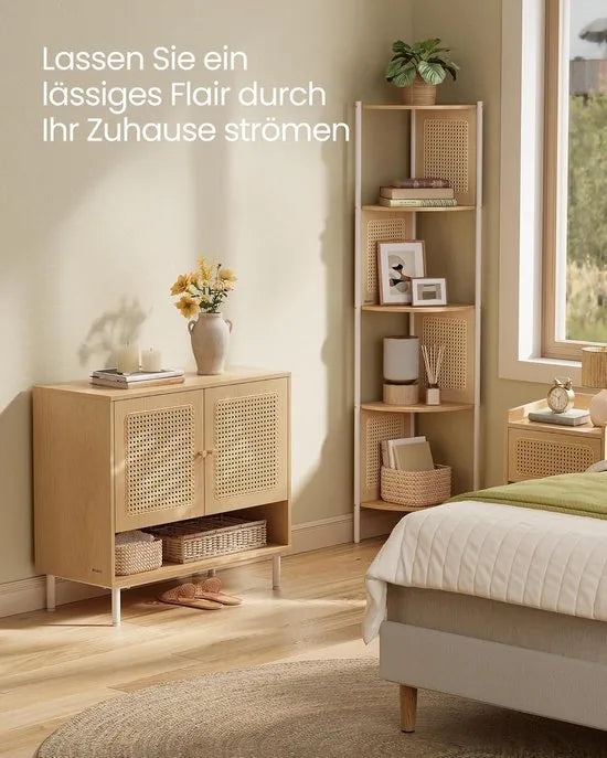 FurnStar Schoenenkast – 3 niveaus – Met deuren in rotan-look – Verstelbare plank – Stalen poten – Boho-stijl – Eikenbeige