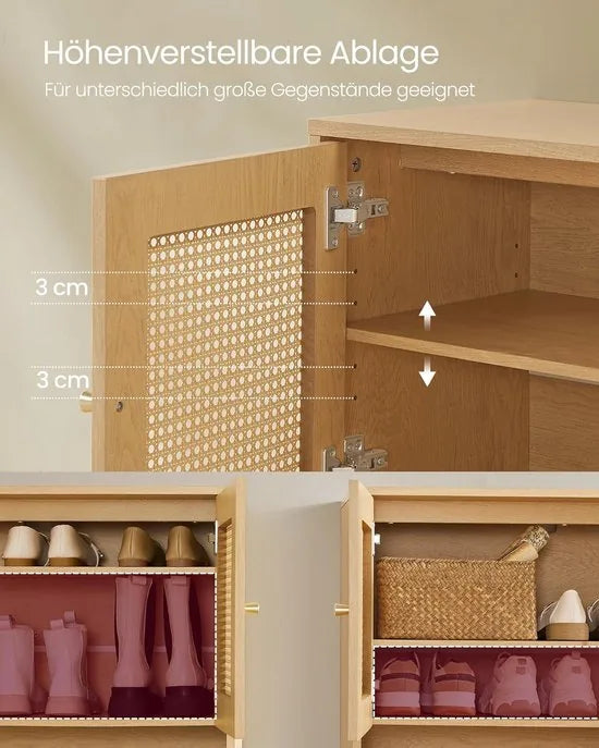 FurnStar Schoenenkast – 3 niveaus – Met deuren in rotan-look – Verstelbare plank – Stalen poten – Boho-stijl – Eikenbeige