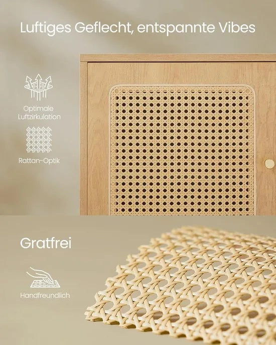 FurnStar Schoenenkast – 3 niveaus – Met deuren in rotan-look – Verstelbare plank – Stalen poten – Boho-stijl – Eikenbeige