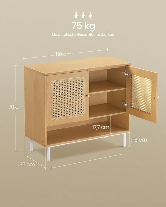 FurnStar Schoenenkast – 3 niveaus – Met deuren in rotan-look – Verstelbare plank – Stalen poten – Boho-stijl – Eikenbeige