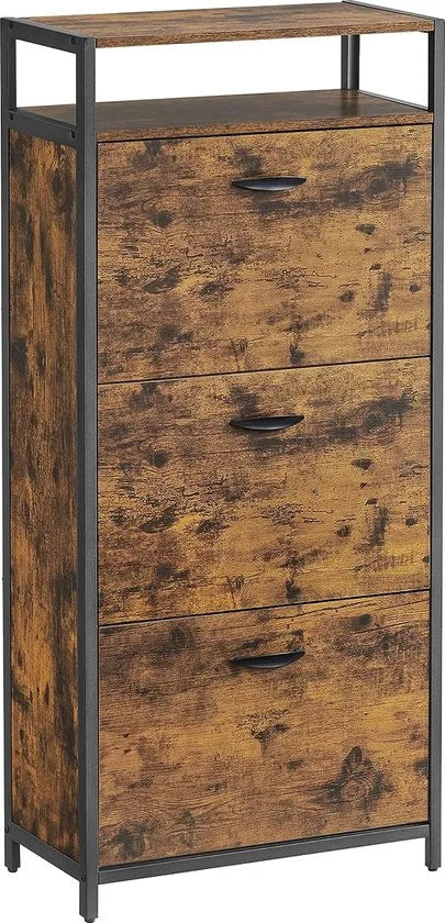 FurnStar - Schoenenkast - Hoge schoenenkast met 3 draaideuren - Open plank - Binnenverdeler - Gang - Voor 12-18 paar schoenen - Ruimtebesparend - 60 x 30 x 130 cm - Rustiek bruin en Zwart