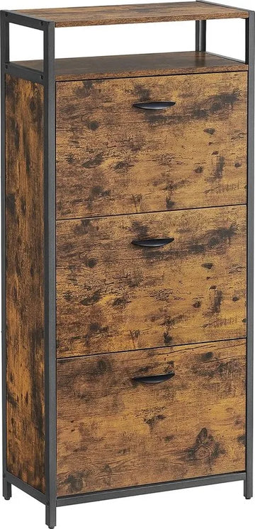 FurnStar - Schoenenkast - Hoge schoenenkast met 3 draaideuren - Open plank - Binnenverdeler - Gang - Voor 12-18 paar schoenen - Ruimtebesparend - 60 x 30 x 130 cm - Rustiek bruin en Zwart
