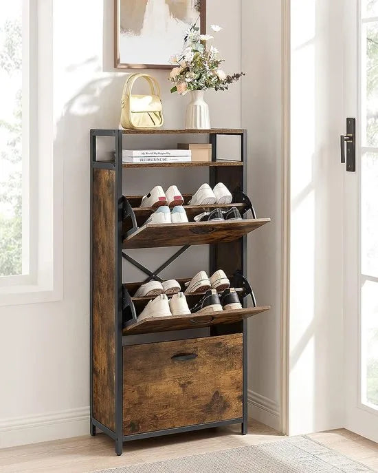 FurnStar - Schoenenkast - Hoge schoenenkast met 3 draaideuren - Open plank - Binnenverdeler - Gang - Voor 12-18 paar schoenen - Ruimtebesparend - 60 x 30 x 130 cm - Rustiek bruin en Zwart