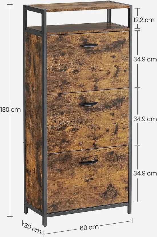 FurnStar - Schoenenkast - Hoge schoenenkast met 3 draaideuren - Open plank - Binnenverdeler - Gang - Voor 12-18 paar schoenen - Ruimtebesparend - 60 x 30 x 130 cm - Rustiek bruin en Zwart