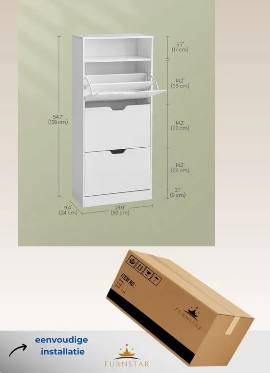 FurnStar - Schoenenkast Met 3 Kleppen - Schoenenrek - Open Vak - Verstelbare Scheidingswand - Voor 14-18 Paar Schoenen - Voor De Hal - 24 X 60 X 139 cm - Wolkenwit