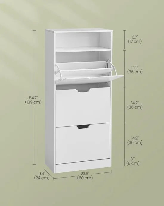 FurnStar - Schoenenkast Met 3 Kleppen - Schoenenrek - Open Vak - Verstelbare Scheidingswand - Voor 14-18 Paar Schoenen - Voor De Hal - 24 X 60 X 139 cm - Wolkenwit