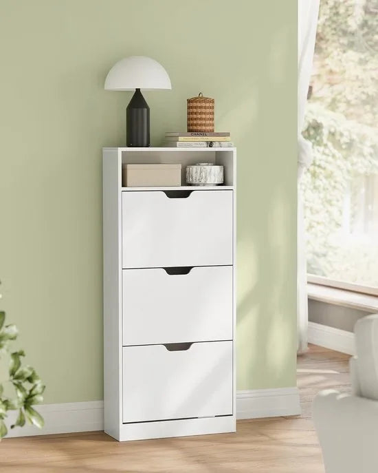 FurnStar - Schoenenkast Met 3 Kleppen - Schoenenrek - Open Vak - Verstelbare Scheidingswand - Voor 14-18 Paar Schoenen - Voor De Hal - 24 X 60 X 139 cm - Wolkenwit