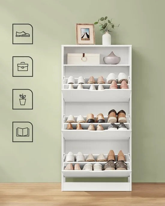 FurnStar - Schoenenkast Met 3 Kleppen - Schoenenrek - Open Vak - Verstelbare Scheidingswand - Voor 14-18 Paar Schoenen - Voor De Hal - 24 X 60 X 139 cm - Wolkenwit