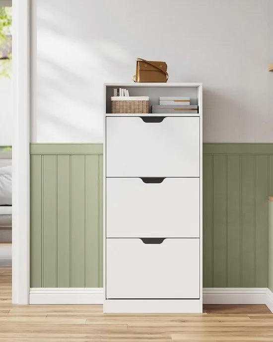 FurnStar - Schoenenkast Met 3 Kleppen - Schoenenrek - Open Vak - Verstelbare Scheidingswand - Voor 14-18 Paar Schoenen - Voor De Hal - 24 X 60 X 139 cm - Wolkenwit