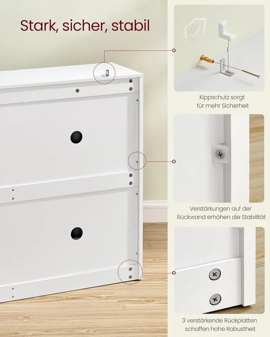 FurnStar – Schoenenkast met 4 kleppen – Ruimtebesparend schoenenrek met verstelbare scheidingswand – Voor 16-28 paar schoenen – Halmeubel – Sneeuwwit – 24 x 105,5 x 82,7 cm