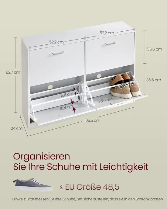 FurnStar – Schoenenkast met 4 kleppen – Ruimtebesparend schoenenrek met verstelbare scheidingswand – Voor 16-28 paar schoenen – Halmeubel – Sneeuwwit – 24 x 105,5 x 82,7 cm