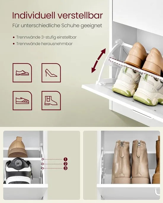 FurnStar – Schoenenkast met 4 kleppen – Ruimtebesparend schoenenrek met verstelbare scheidingswand – Voor 16-28 paar schoenen – Halmeubel – Sneeuwwit – 24 x 105,5 x 82,7 cm