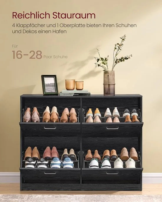 FurnStar -Schoenenkast met 4 Kleppen - Schoenenrek met Verstelbare Schappen - Voor 16-28 Paar - Smal & Ruimtebesparend - Met Kantelbeveiliging - 24 x 105,5 x 82,7 cm - Ebbenhout Zwart